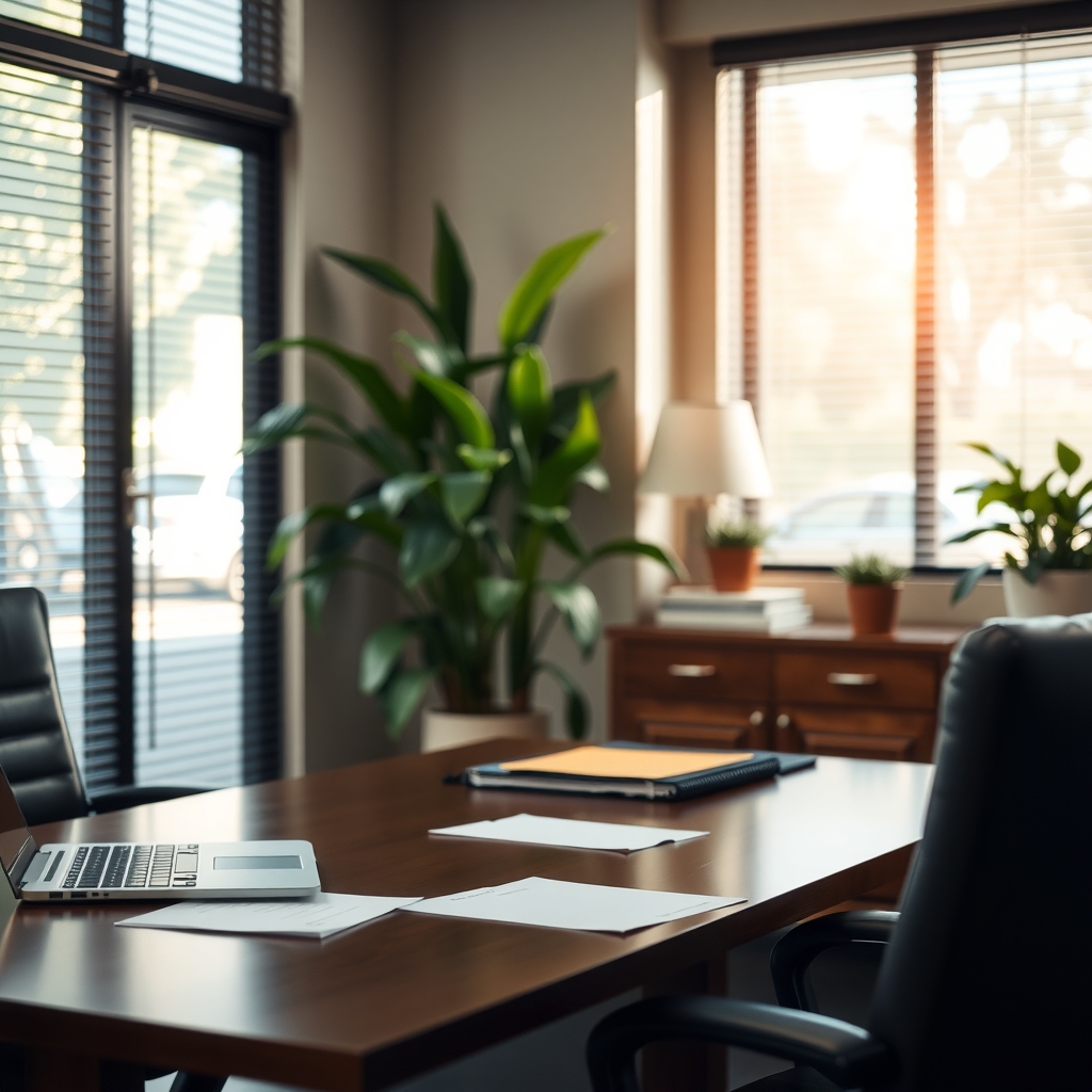 Insurance agency office interior with a desk and natural light in The Woodlands, TX.