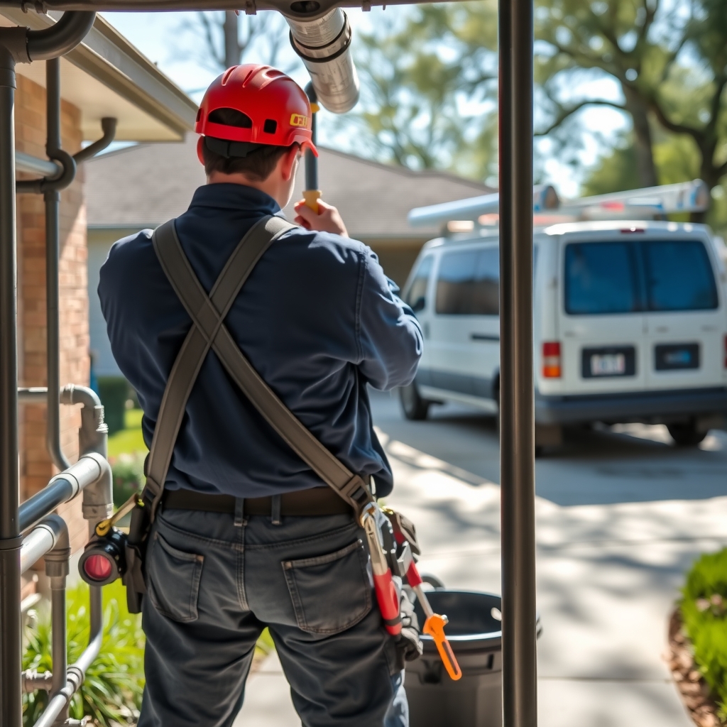 A professional plumber working on residential repairs at a home in Pasadena, TX.