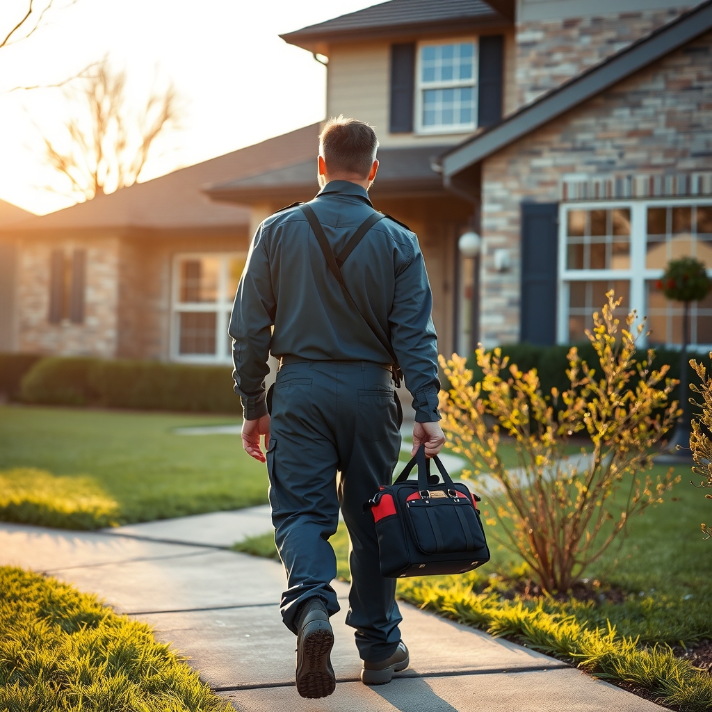 HVAC service technician arriving at a residential home in Pasadena, TX