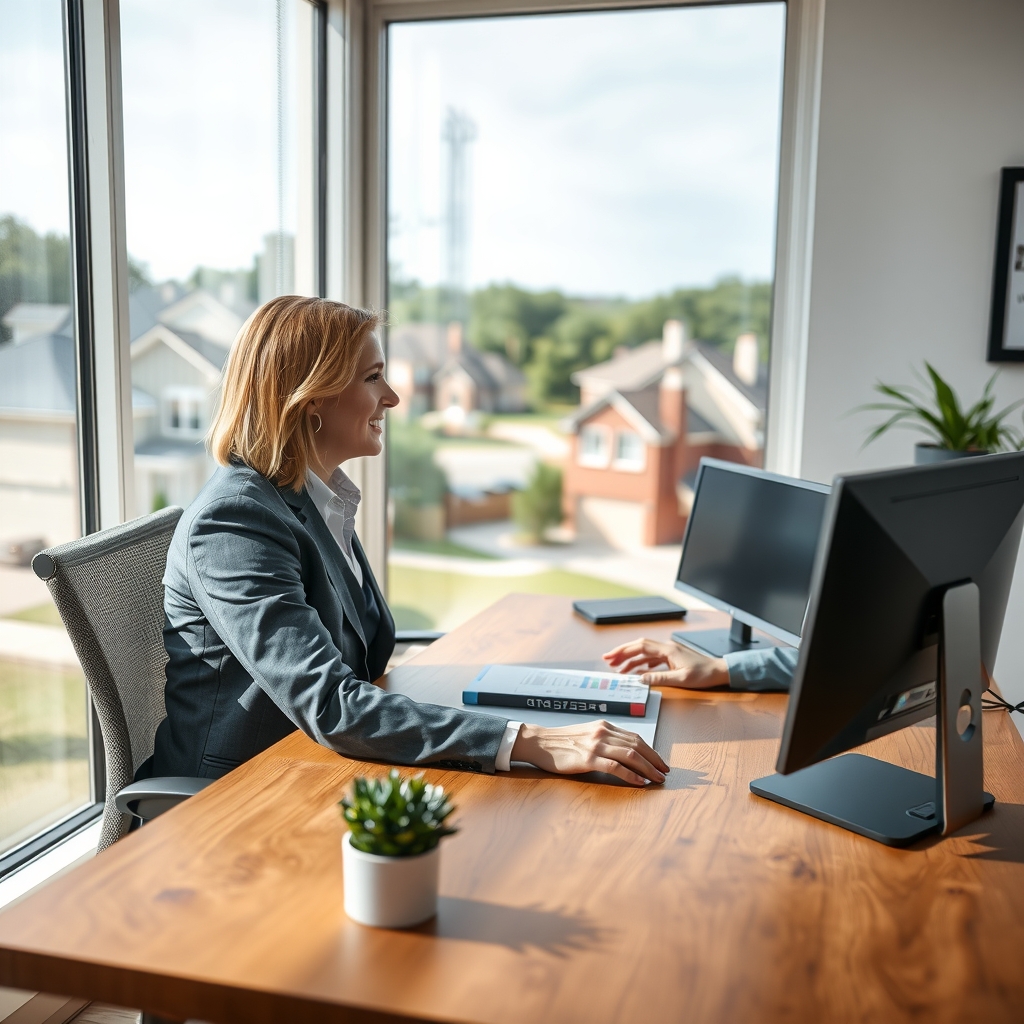 Real estate agent working in a bright office in Katy, TX.