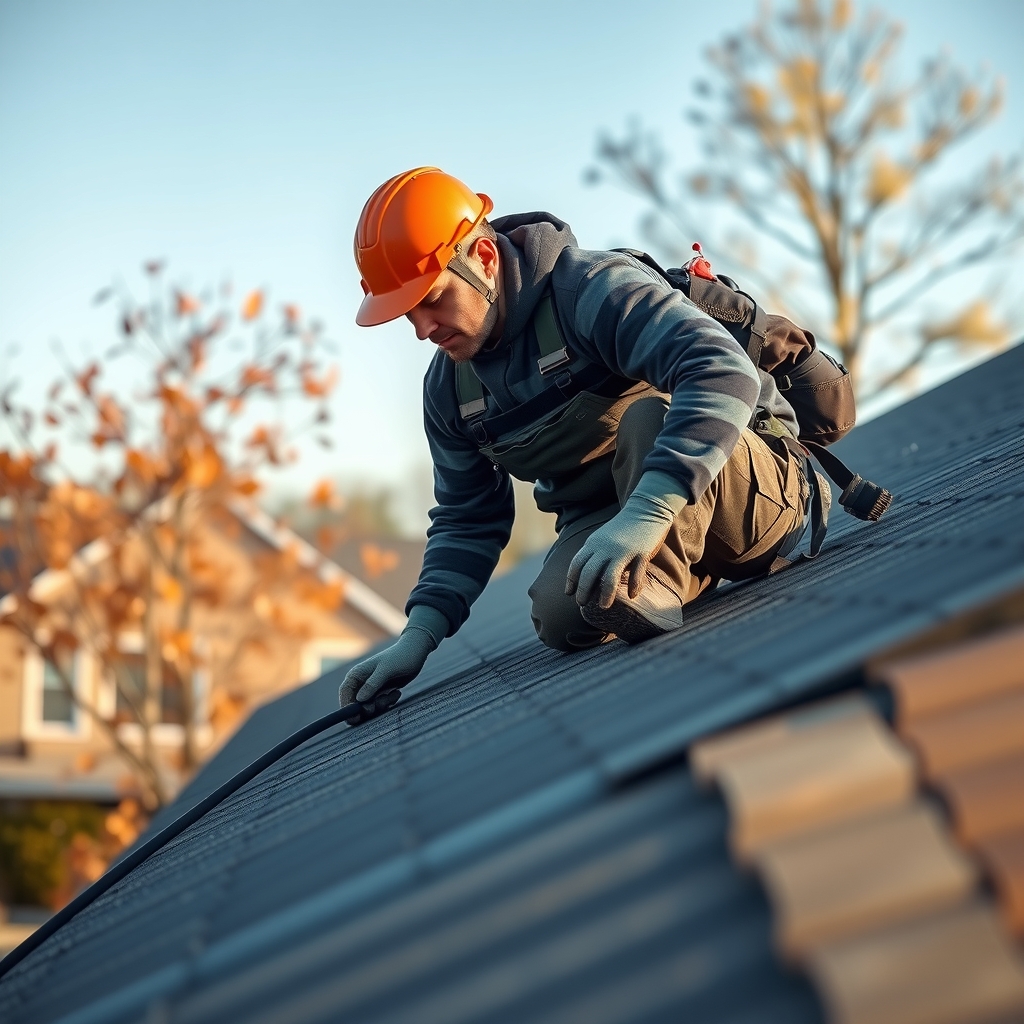 A professional roofer working on a residential home in the United States.