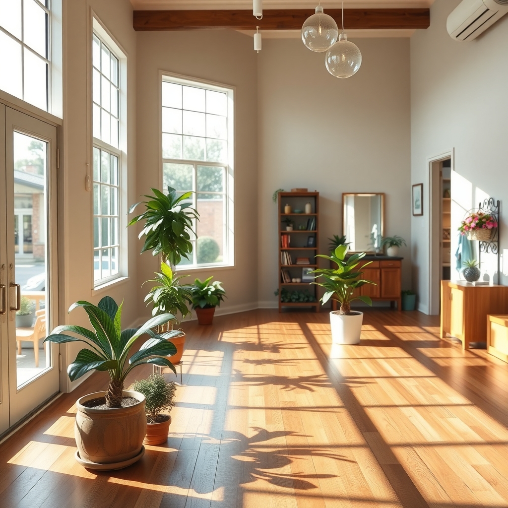 Serene interior of a wellness studio in Sugar Land, TX with natural light and plants.