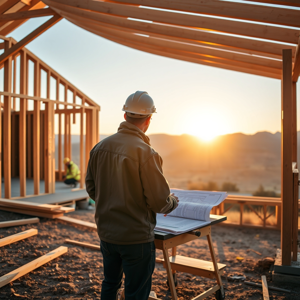 Residential custom home builder reviewing plans on a hillside construction site in Bountiful, UT.