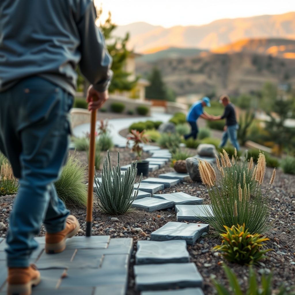 Landscaping crew installing stone patio on a residential property in Bountiful, UT with mountain backdrop.