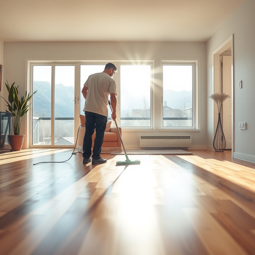 Professional residential cleaning technician working in a bright Salt Lake City, UT home during morning hours.