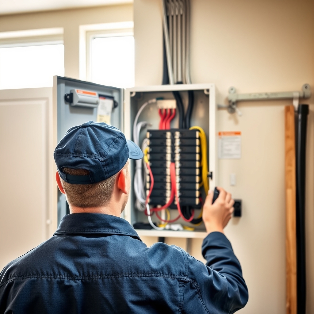 A licensed electrician working on a home electrical panel upgrade in Salt Lake City, UT.