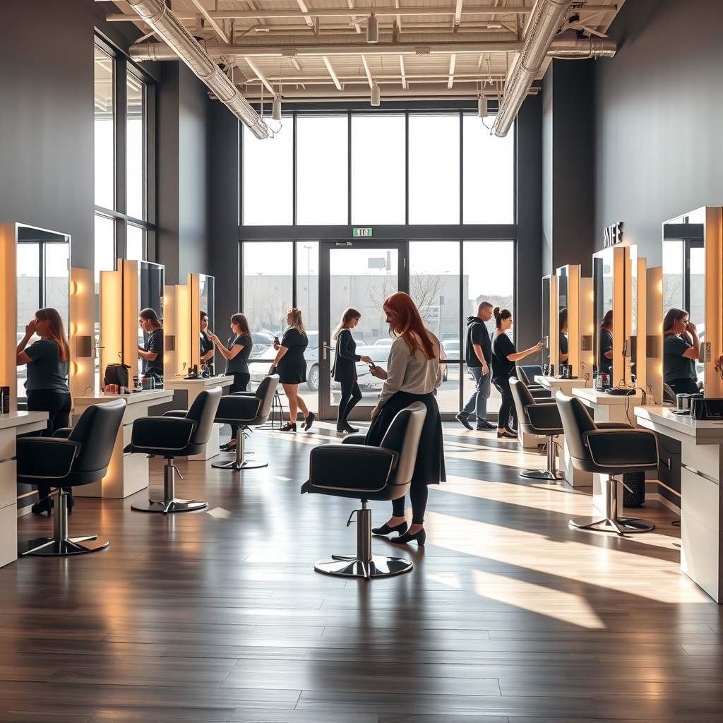 Interior of a modern hair salon in Bountiful, UT with warm lighting and styling stations