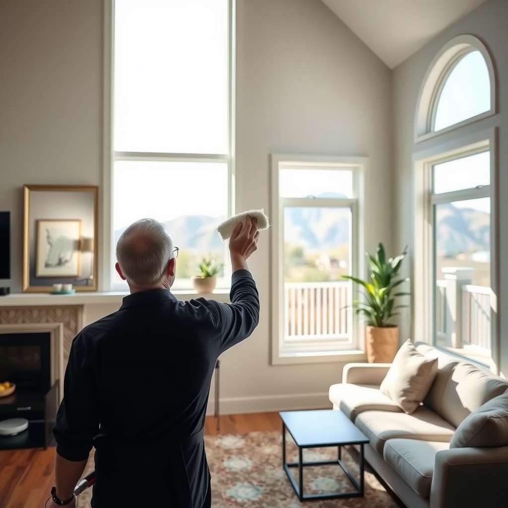 A professional cleaner working in a bright Ogden, UT home with mountain views in the background.
