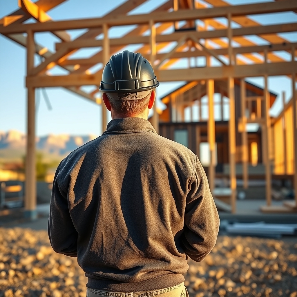 A home builder looking at a residential construction site in South Jordan, UT with the Wasatch Range in the background.