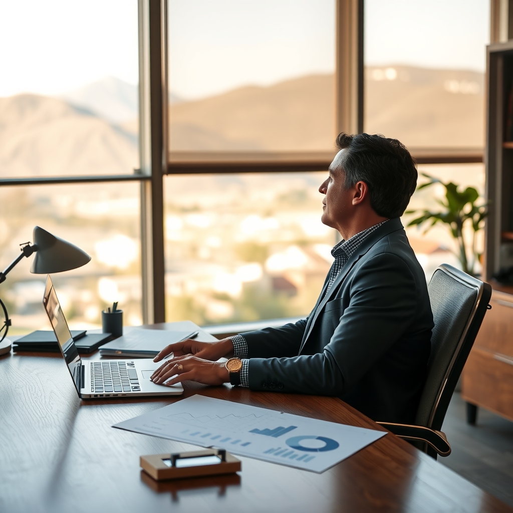 Financial advisor working in an office with mountain views in Ogden, UT