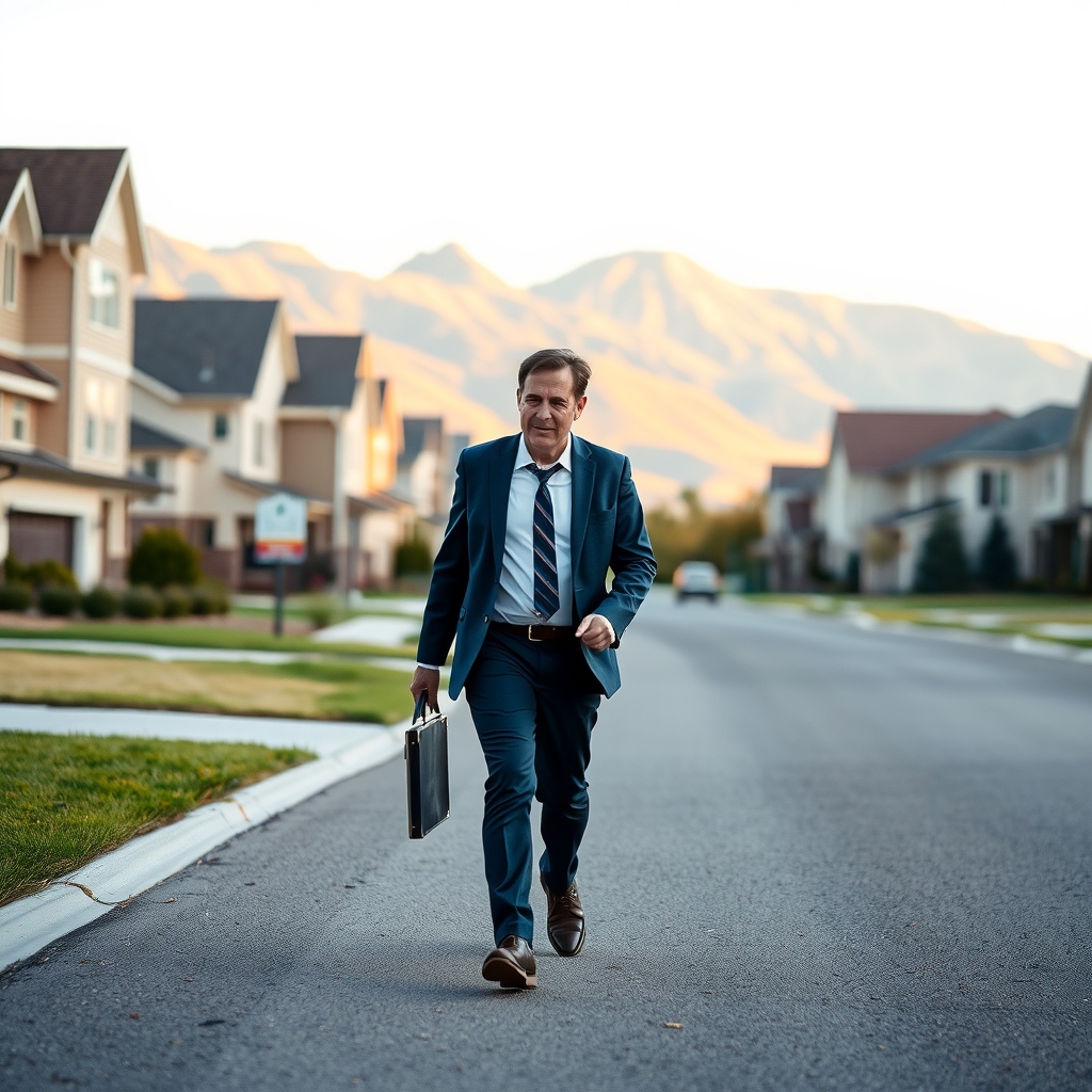 Real estate agent walking through a residential neighborhood in Draper, UT during morning light.