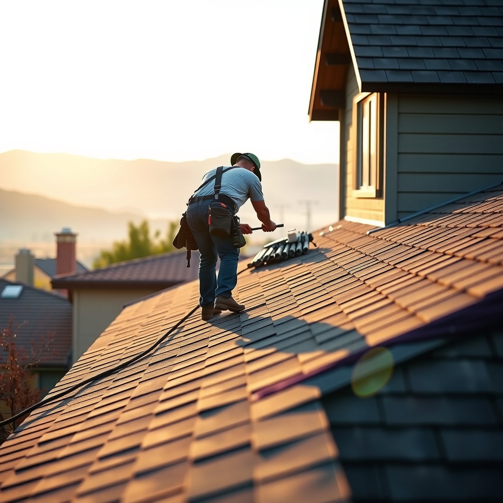 A roofer working on a home in Sandy, UT with mountain views in the background.