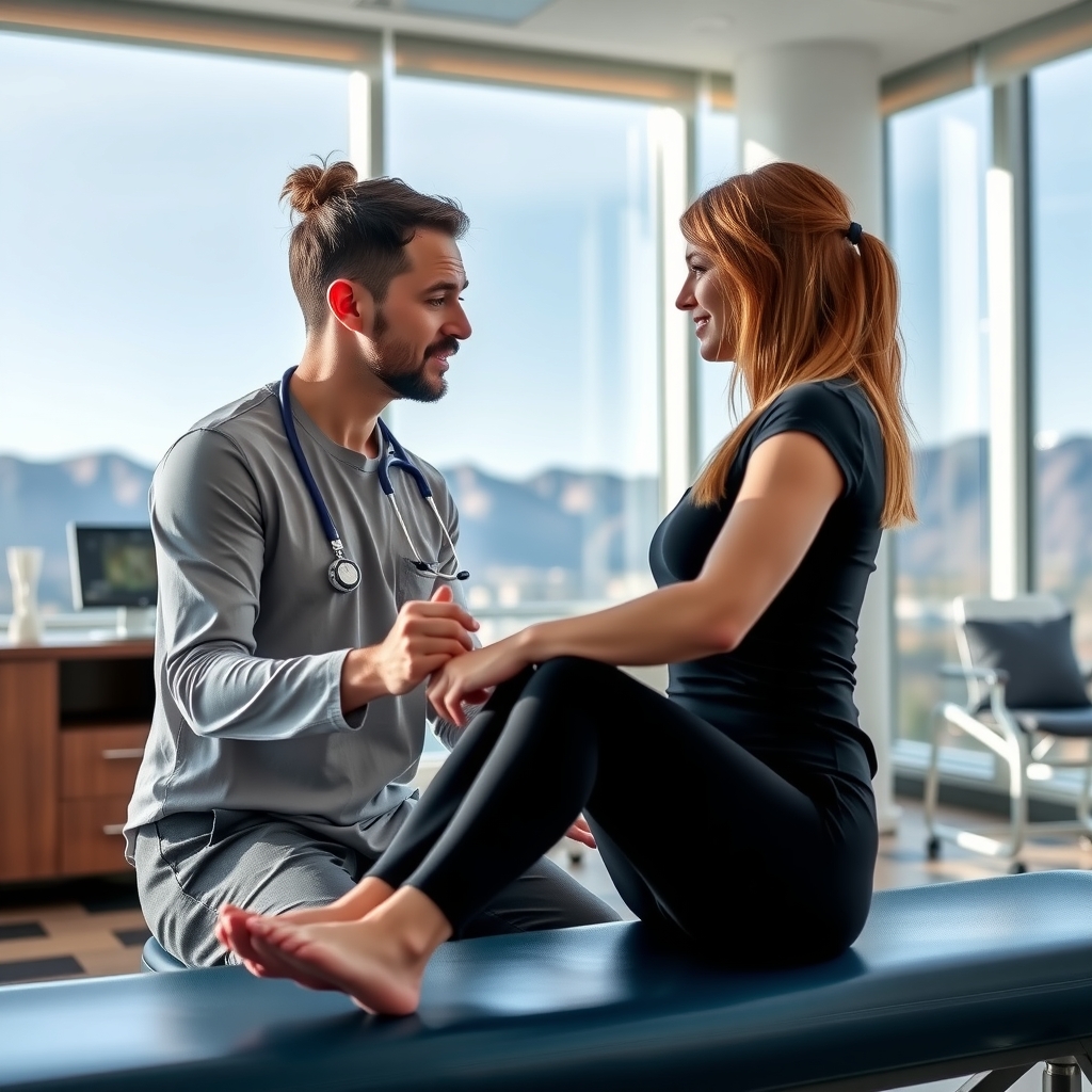 Physical therapist assisting a patient in a modern Salt Lake City, UT clinic with mountain views