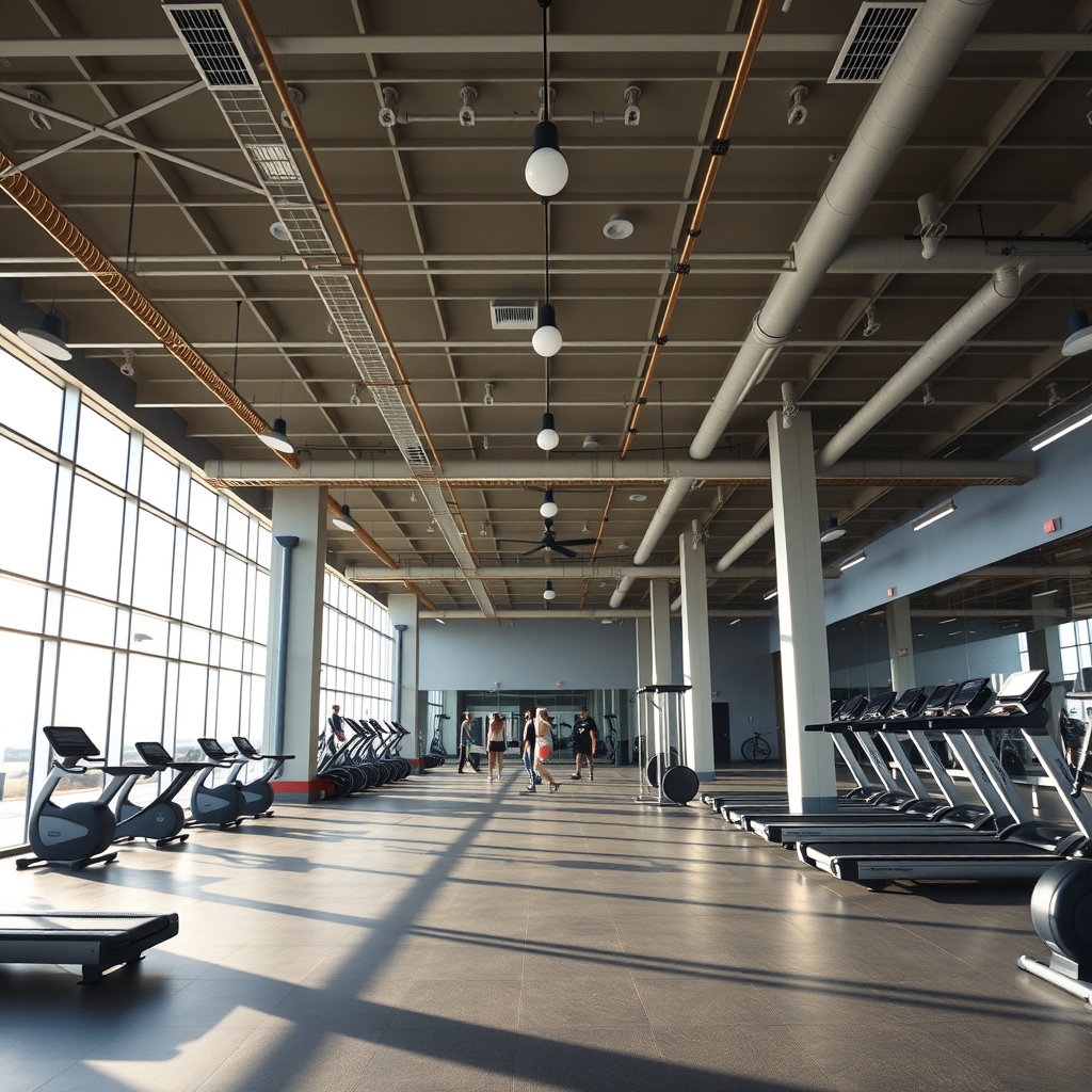 Modern fitness studio interior with natural morning light in South Jordan, UT.