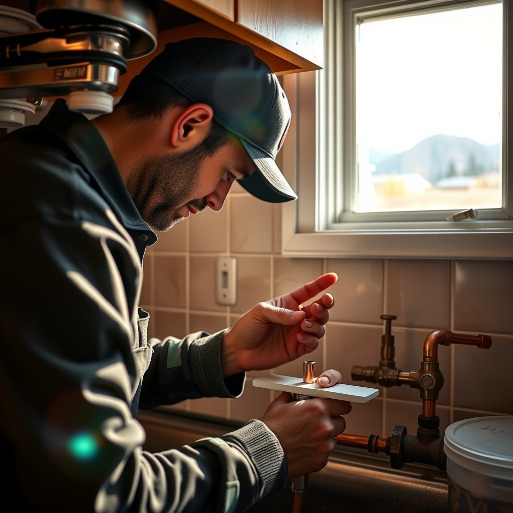 A professional plumber repairing residential piping in a Sandy, UT home with natural light.