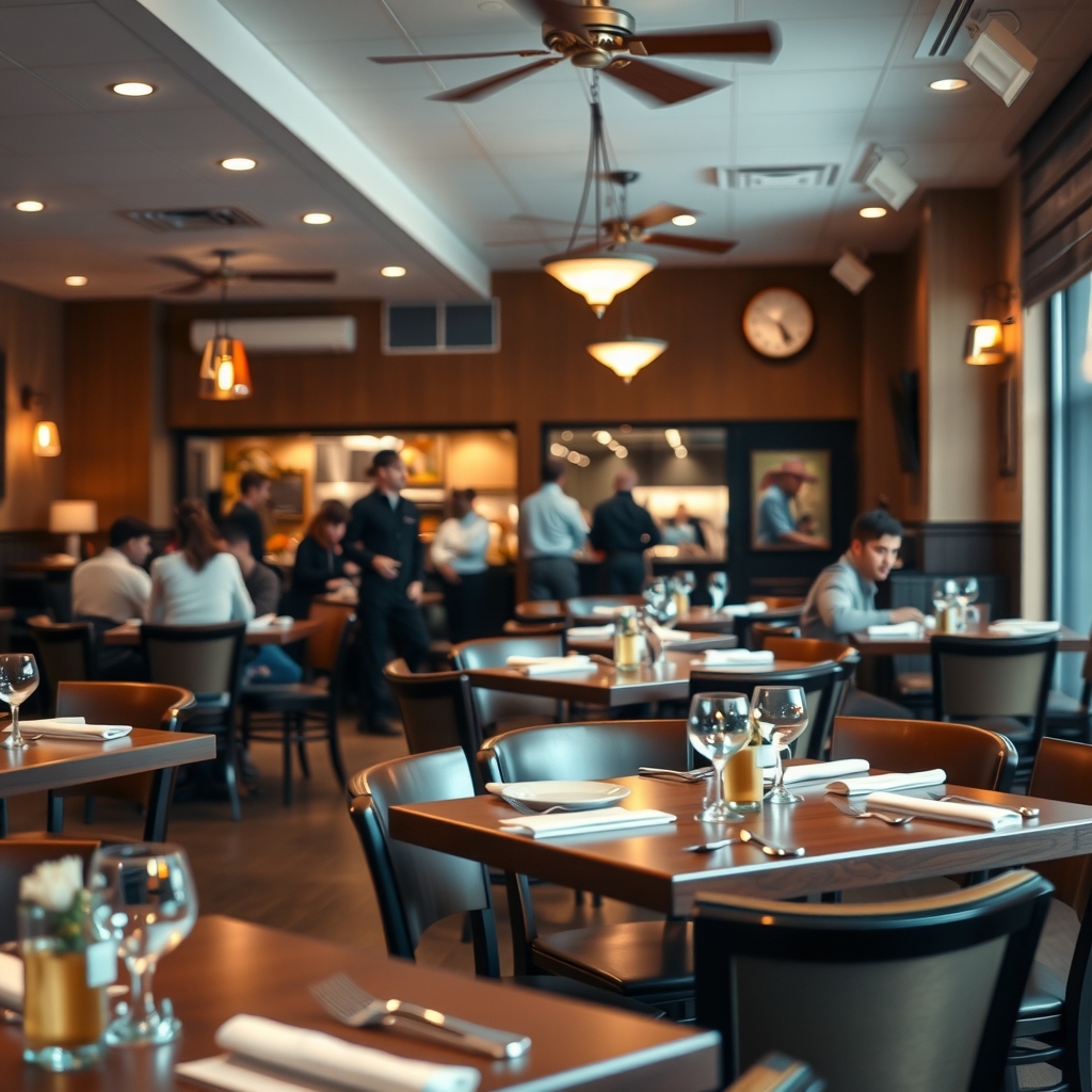 Interior view of a bustling restaurant dining room in West Valley City, UT during evening service.