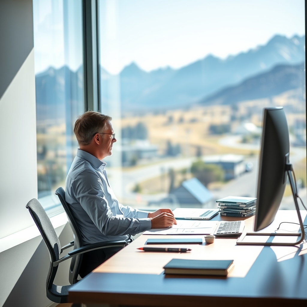An accountant working in an office with mountain views in Bountiful, UT.