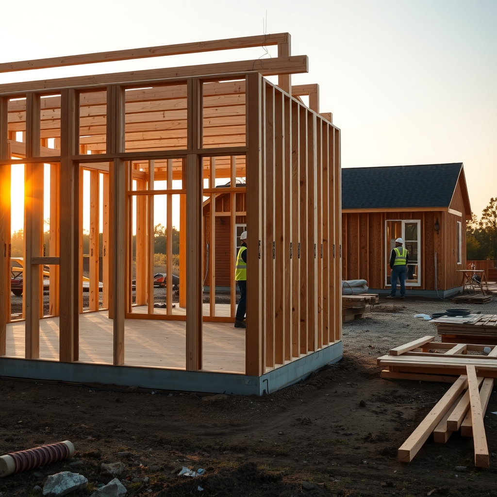 Custom home under construction in Indianapolis, IN framed against an early morning sky.