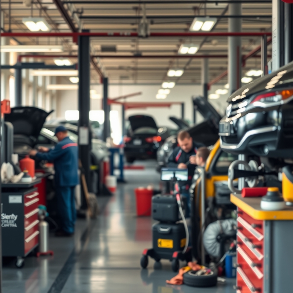 Mechanics working inside an auto repair shop in Houston, TX during daylight.