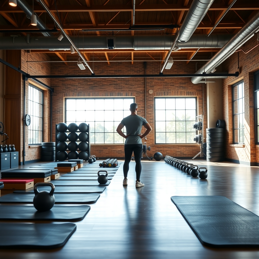 Sunlit boutique fitness studio interior in Charlotte, NC during a morning personal training session.