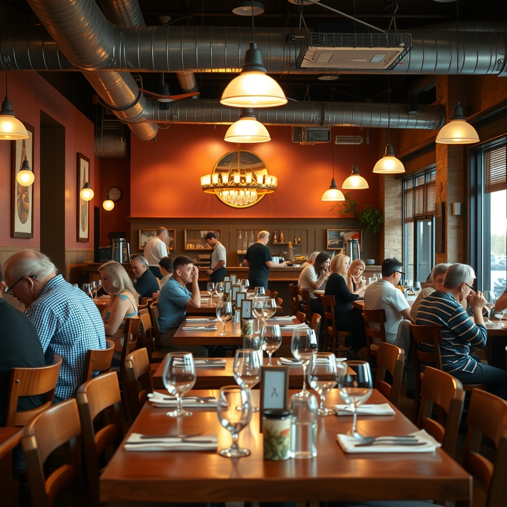 Interior of a vibrant restaurant in Columbus, OH with diners and warm lighting.