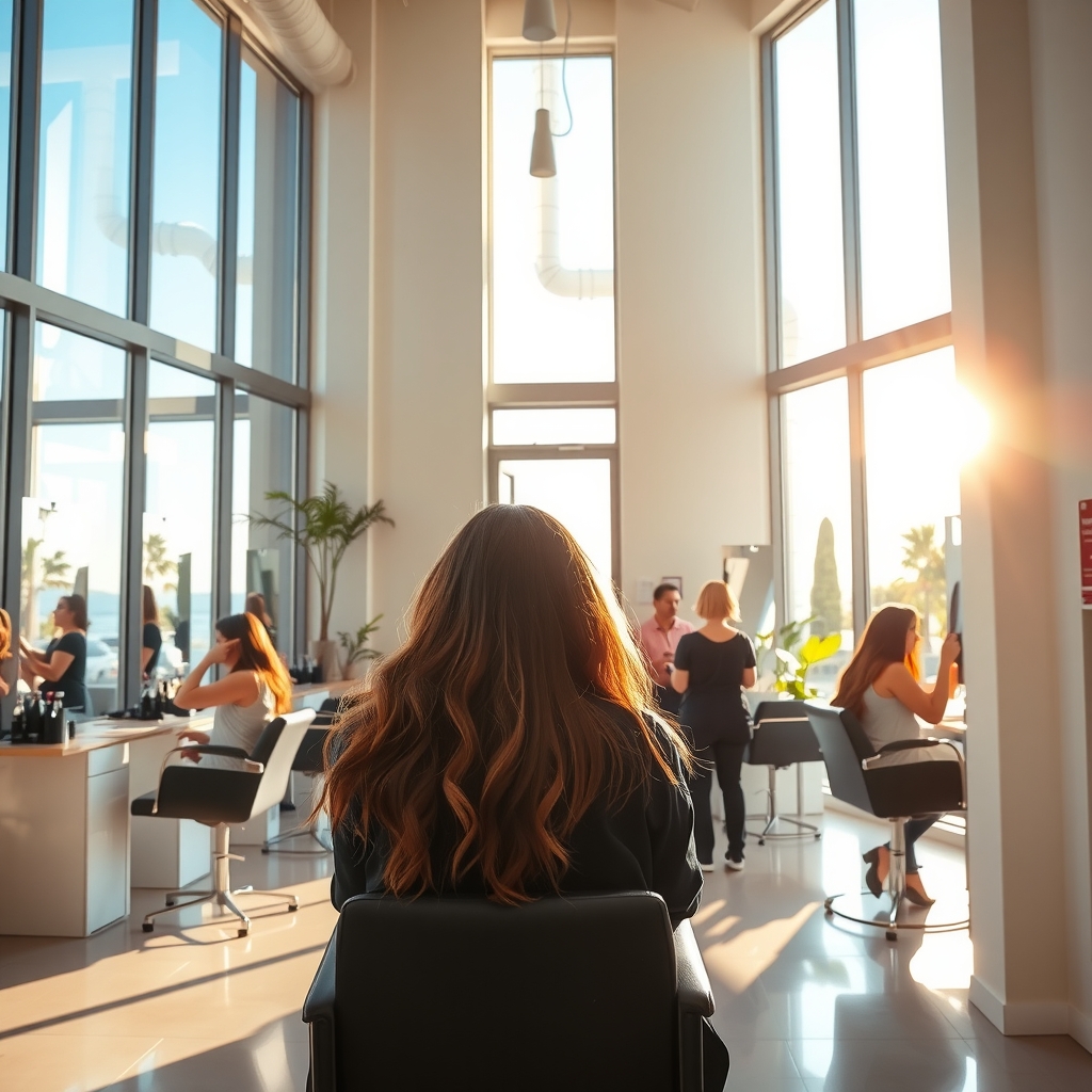 Stylists working with clients inside a sunlit, modern hair salon in San Diego, CA.