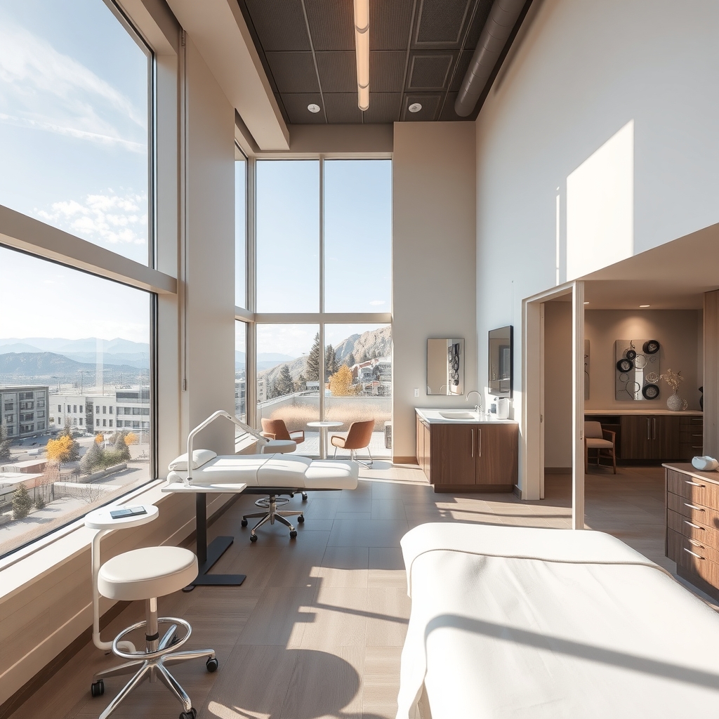 Serene and modern med spa treatment room in Salt Lake City, UT with natural light.