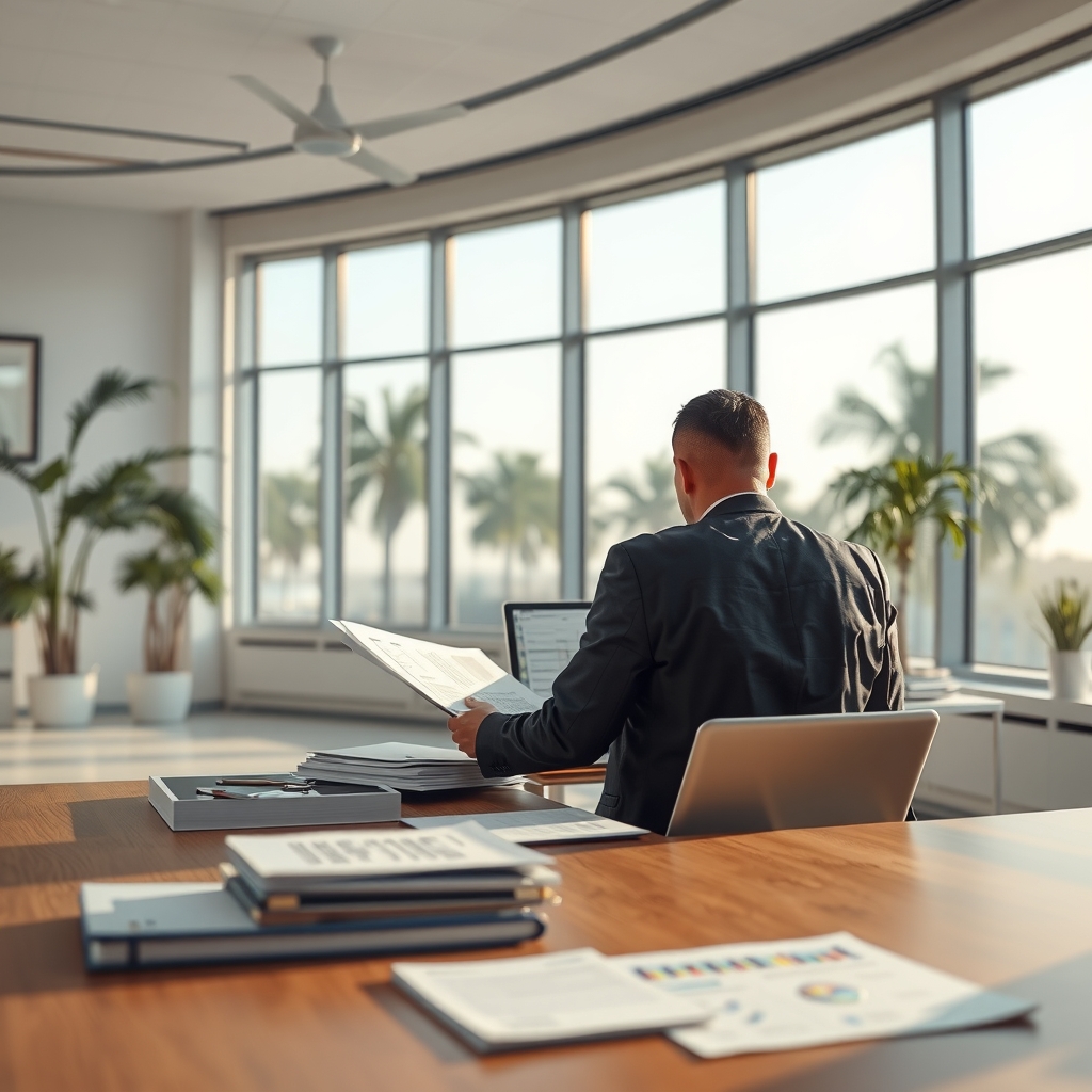 An accountant working in a sunlit Orlando, FL office reviewing financial reports.