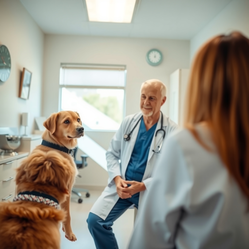 Veterinarian consulting with a pet owner in a modern clinic in Phoenix, AZ.