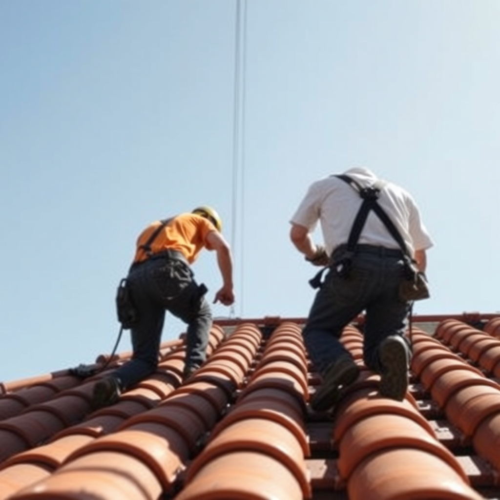 Professional roofers installing clay tiles on a home in San Diego, CA under warm afternoon sunlight.