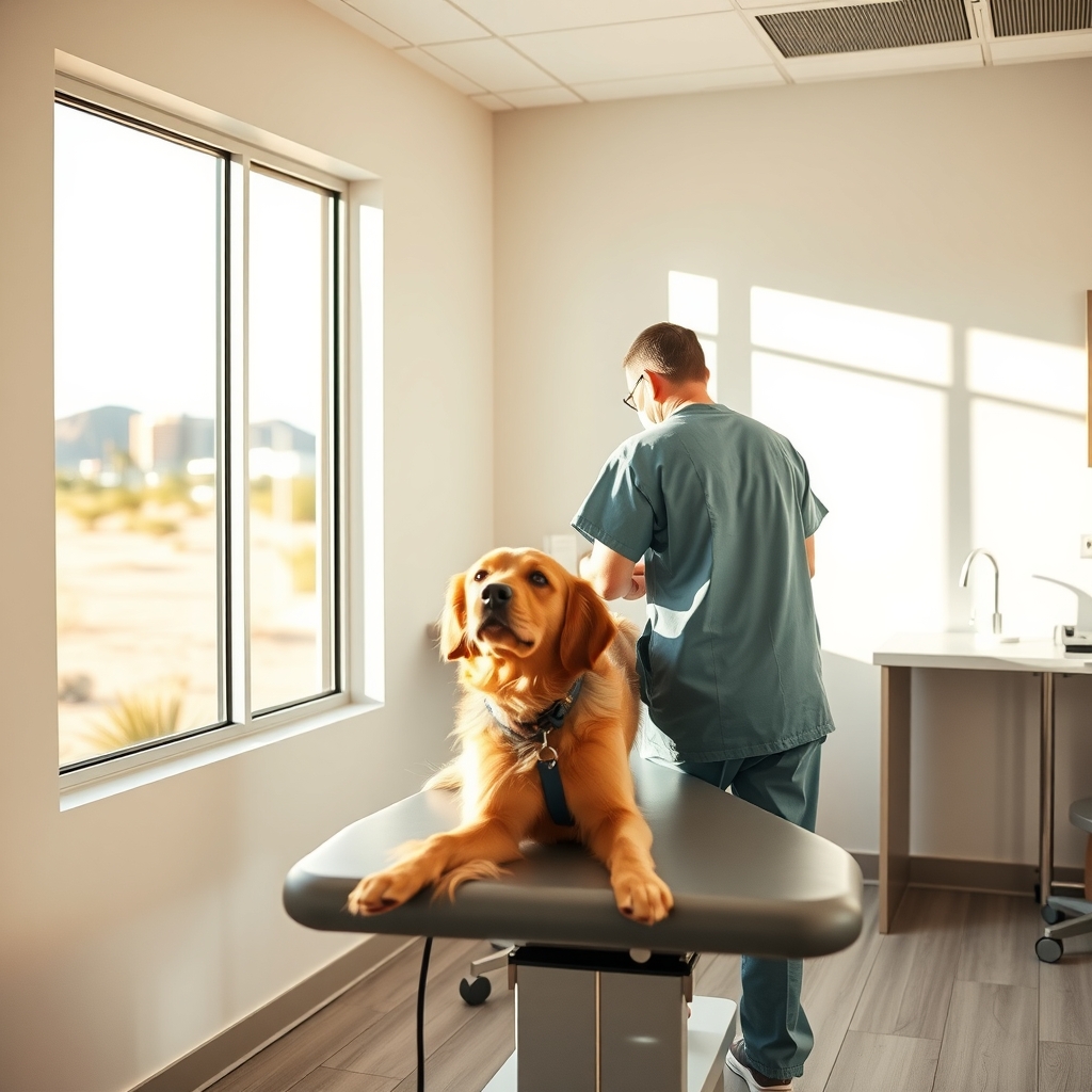 Veterinarian examining a patient inside a bright modern pet clinic in Phoenix, AZ.
