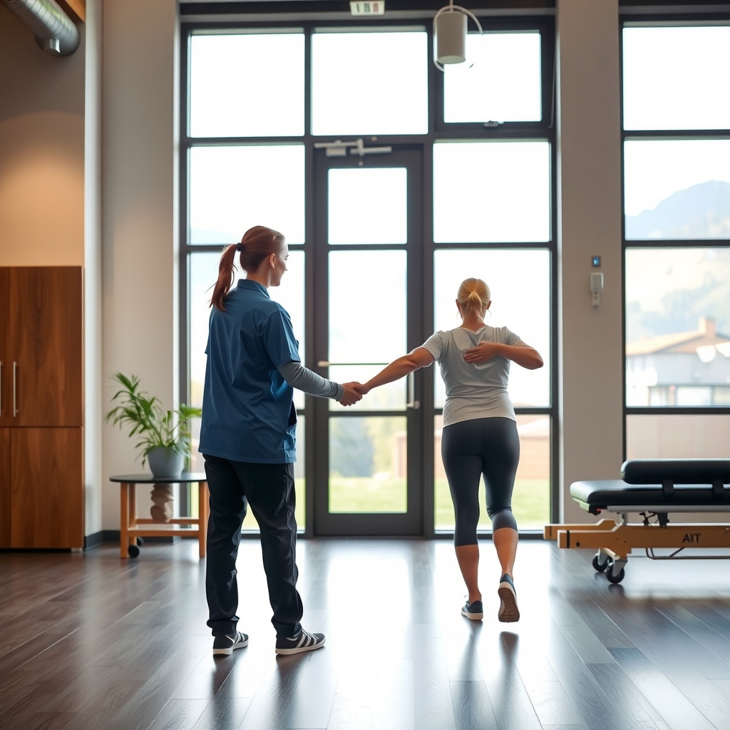 Physical therapist guiding an athletic patient through rehabilitation exercises in a Salt Lake City, UT clinic.