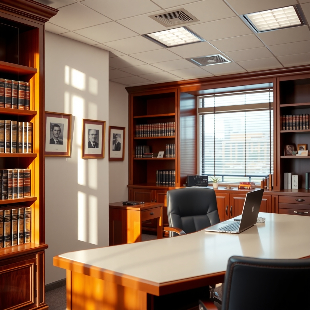 Law firm office interior in Addison, TX with warm natural light and professional workspace.