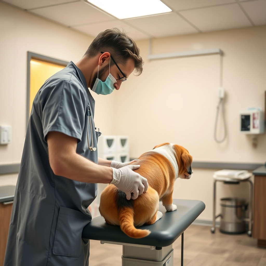 Veterinarian examining a dog in an animal hospital in Addison, TX