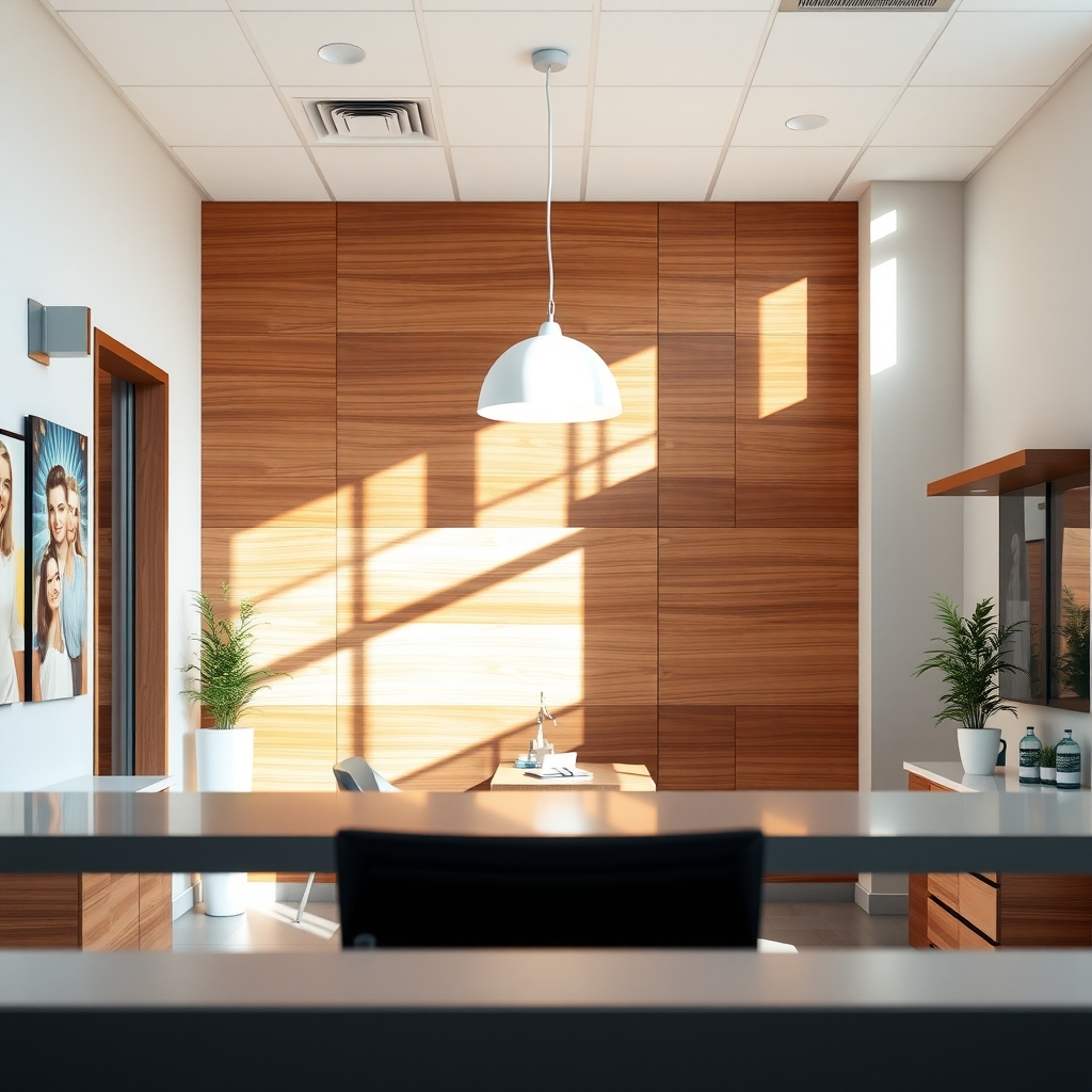 Modern dental office reception area in Plano, TX with warm lighting