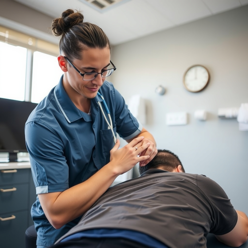 Chiropractor performing a consultation in a bright clinic in Richardson, TX