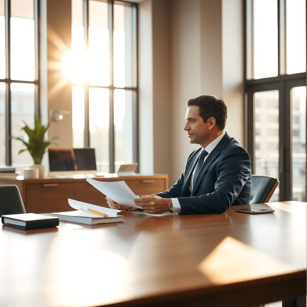 Professional law firm conference room in Dallas, TX with an attorney reviewing documents.