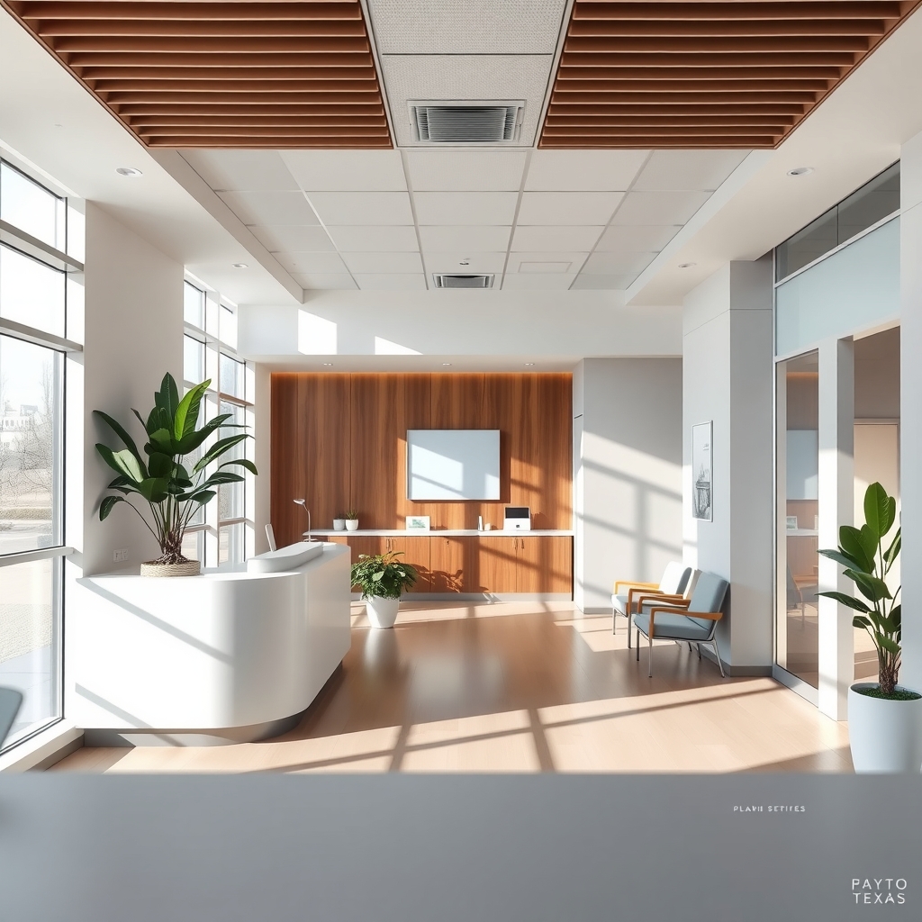 Modern dental office reception area in Plano, TX with bright lighting and warm decor