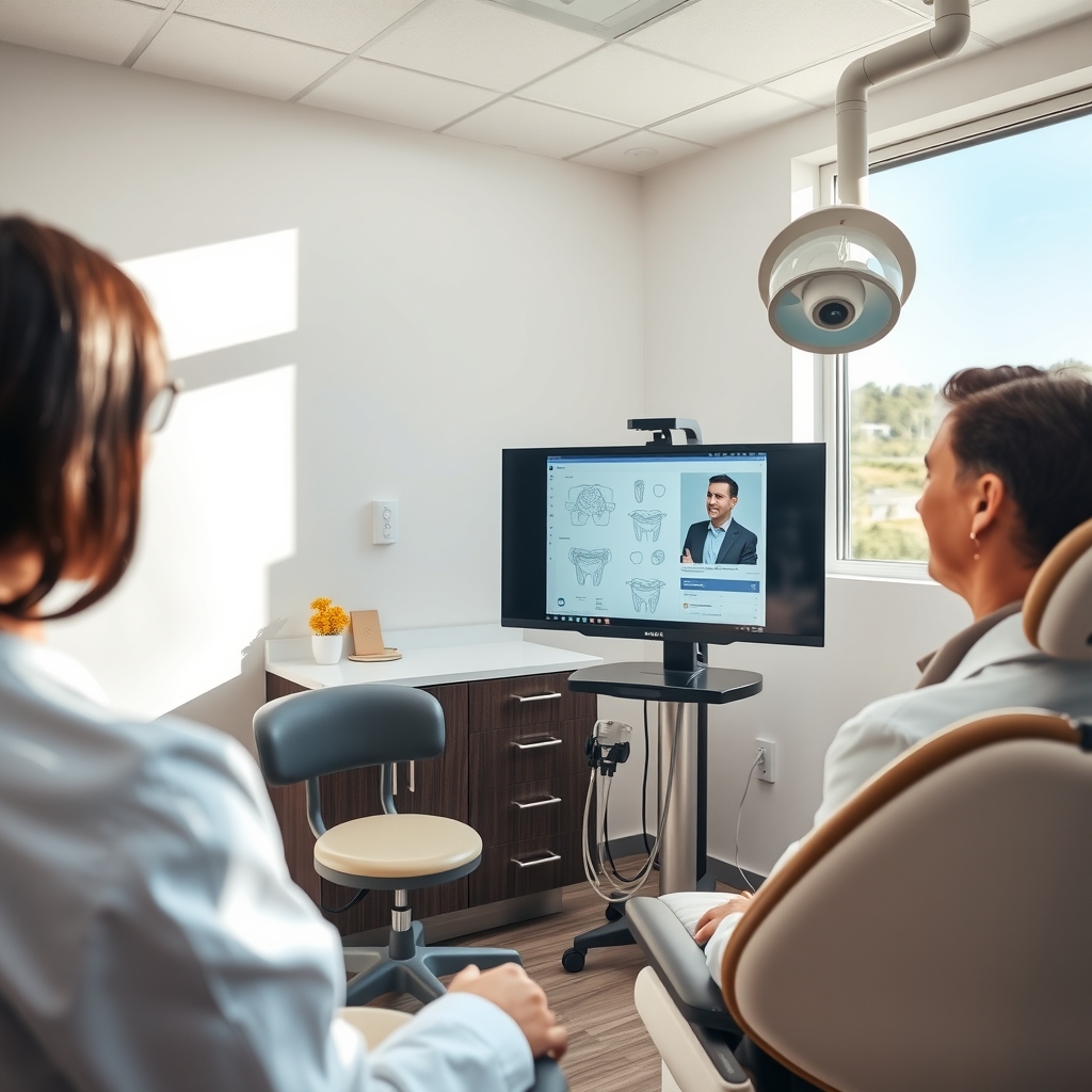 Dentist reviewing patient treatment plans in a modern dental office in Allen, TX.