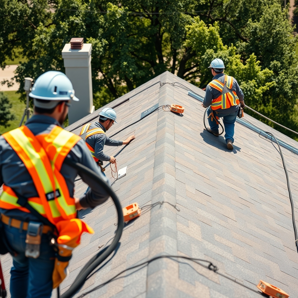 Roofing contractors working on a residential home in Frisco, TX