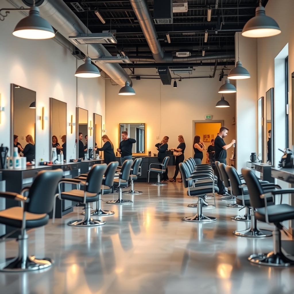 Bright interior of a modern hair salon in Carrollton, TX with styling stations and warm lighting.