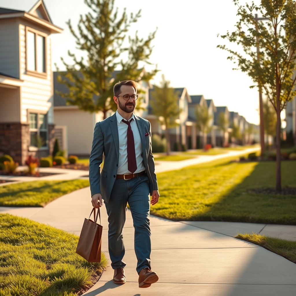 Real estate professional walking through an Allen, TX neighborhood during open house preparation.