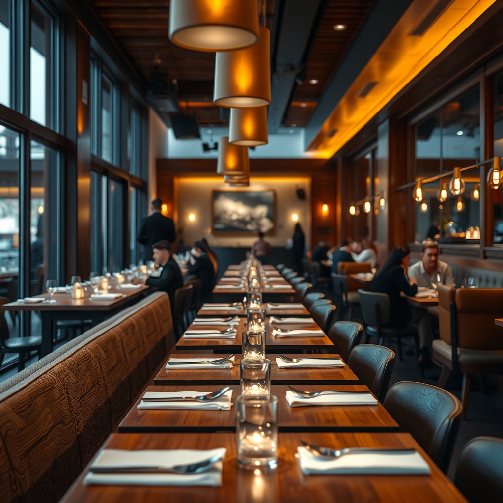 Upscale restaurant interior with warm lighting and dining patrons in Dallas, TX.