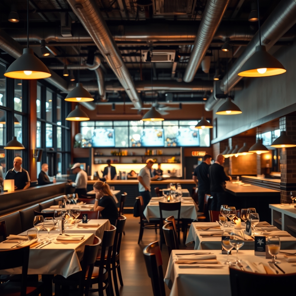 Warm ambient lighting inside a busy restaurant in Dallas, TX during evening service.