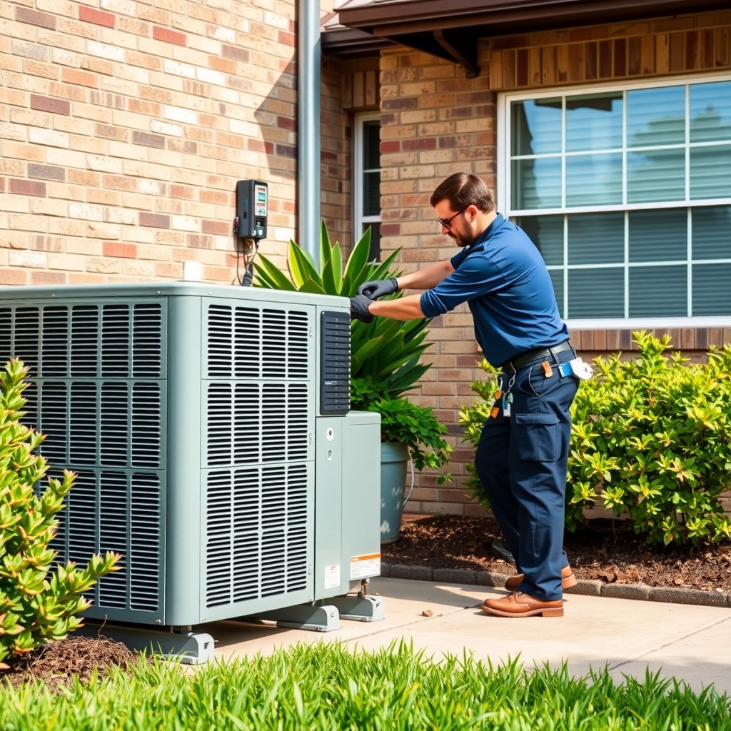 HVAC service technician working on an AC unit at a home in Plano, TX.