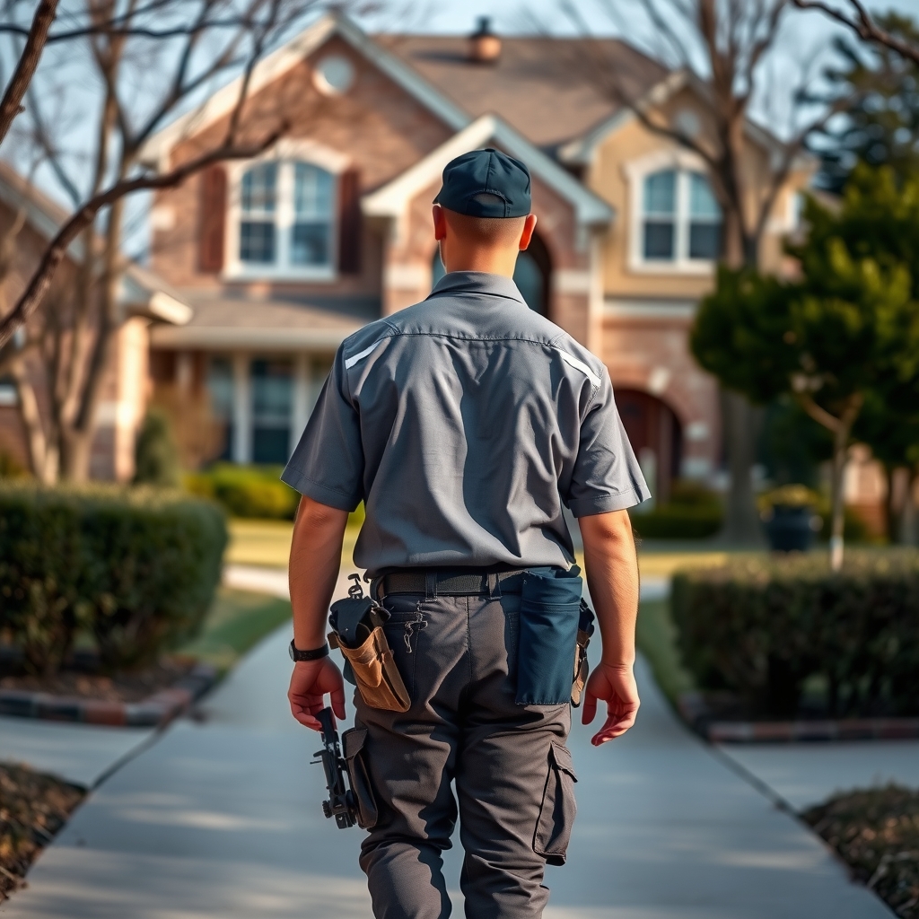 HVAC technician arriving at a home in Plano, TX for a service call.