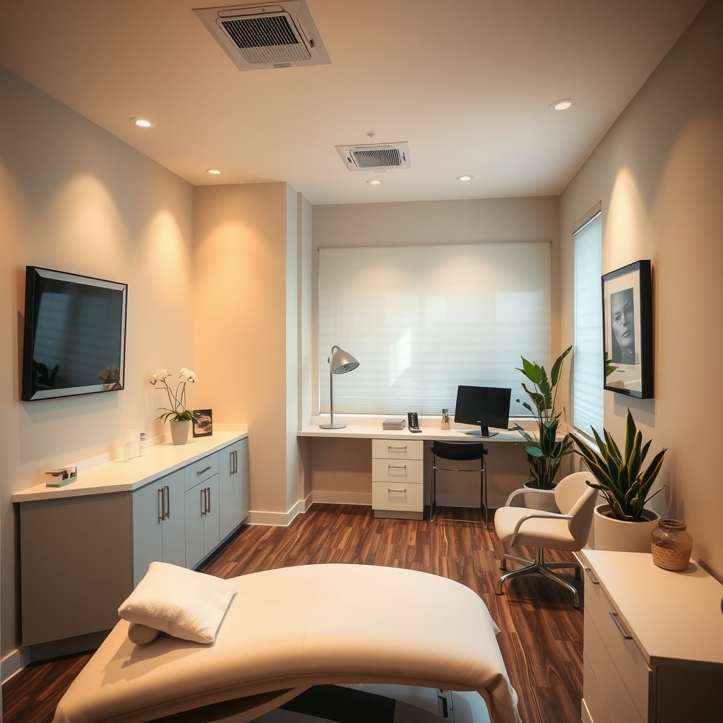 Modern med spa consultation room in Richardson, TX with warm lighting and minimalist decor