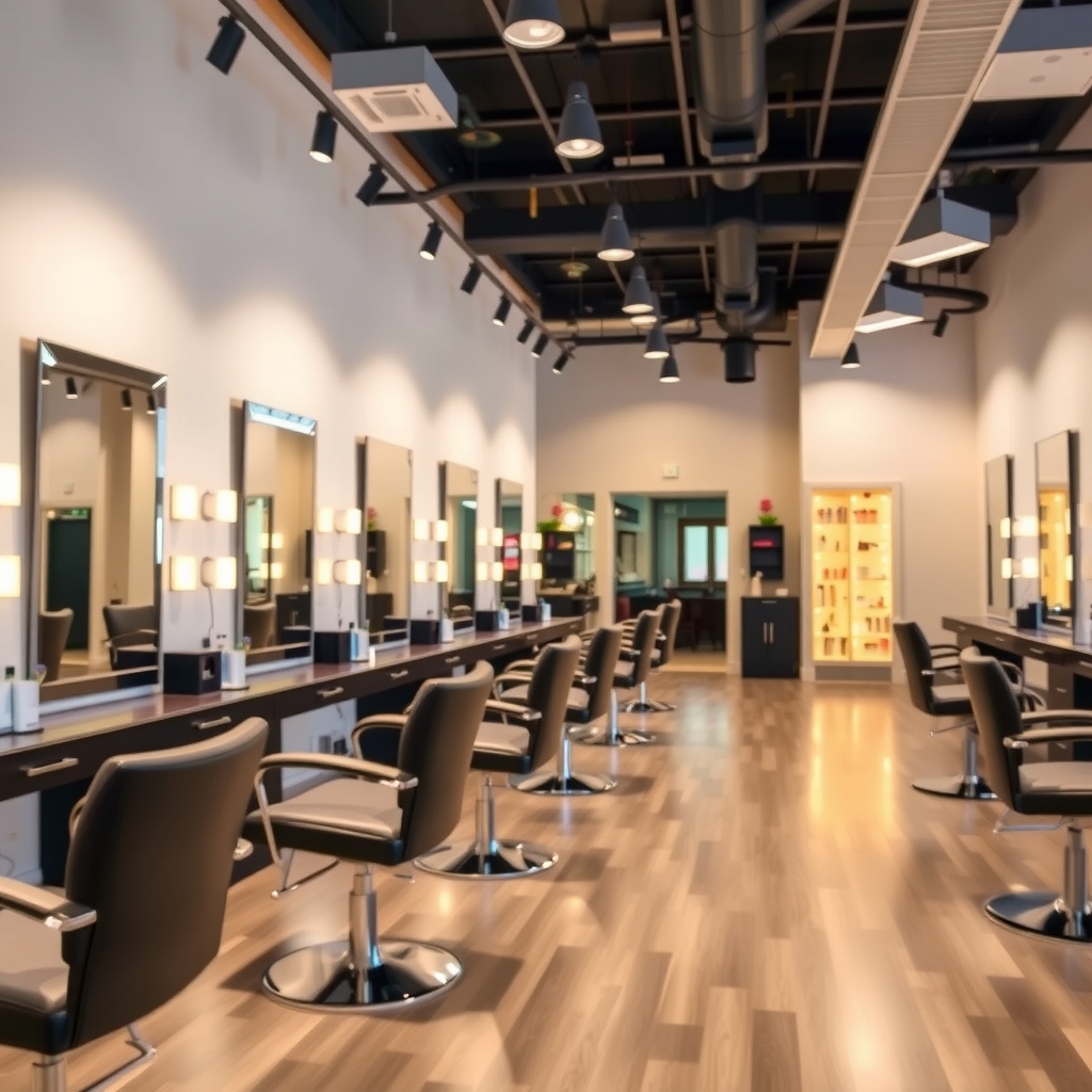Hair salon interior with styling stations and warm lighting in Carrollton, TX