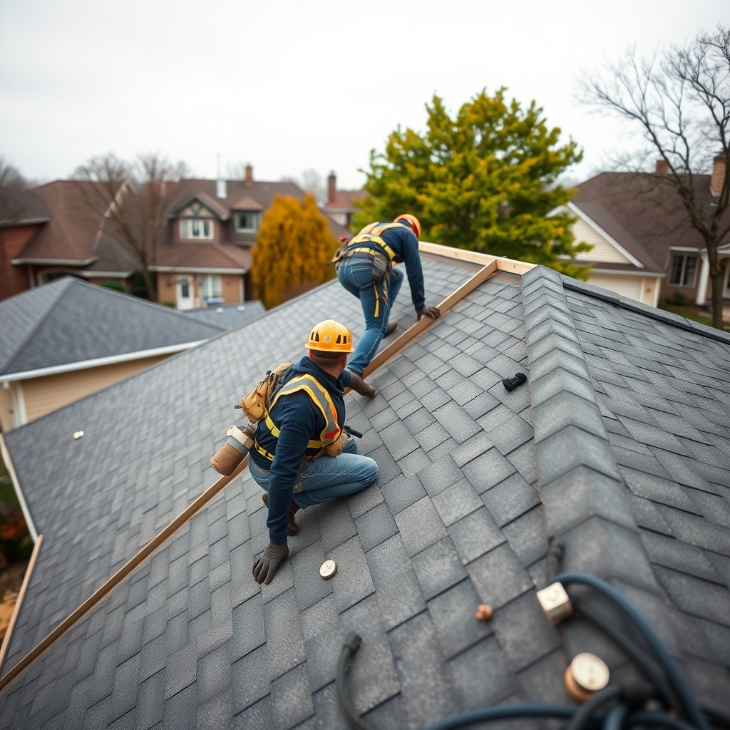 Roofing crew installing shingles on a residential home in Indianapolis, IN during an overcast morning.