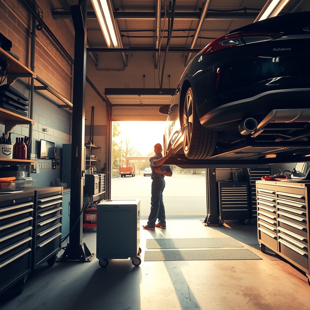 Clean and organized auto repair shop bay in Atlanta, GA with a vehicle raised on a lift during maintenance.